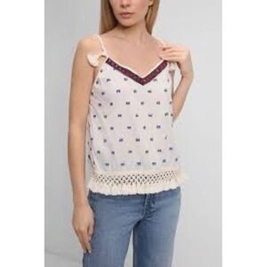 P Jean Wasabi Top Ecru Embroidered Tassel Spaghetti Strap Size US 6